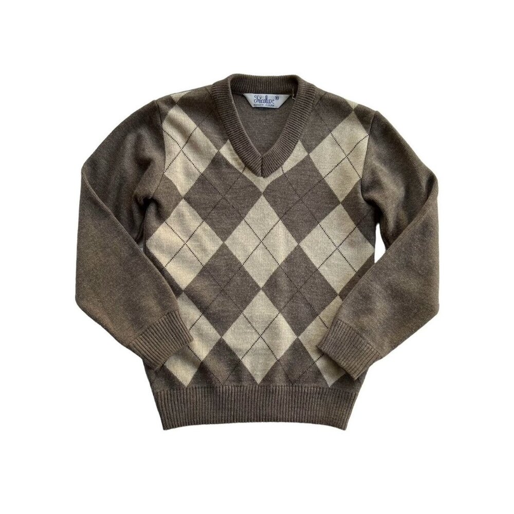 •Vintage• Tricolux Colombian V-Neck Sweater In Brown Argyle